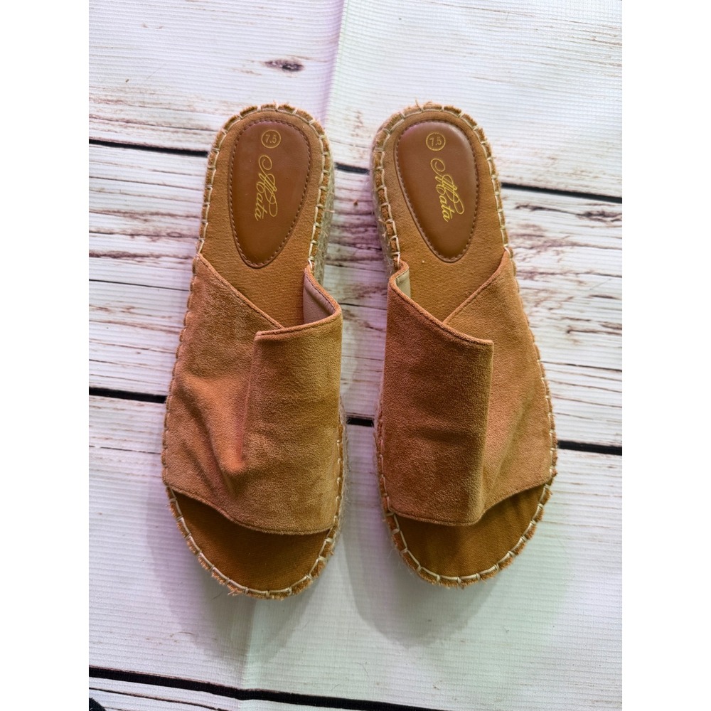 Abata Tan Faux Suede Espadrille Platform Slides Womens 7.5 Slip On Jute Sandals